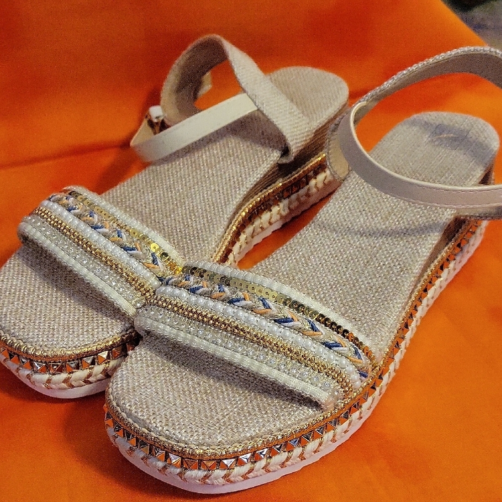 Platform Wedge Beige Women's Sandals 41 EU 10 1/2 - Picture 2 of 7